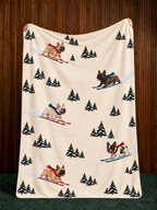 French Bulldog beige Christmas skiing fleece blanket — held view