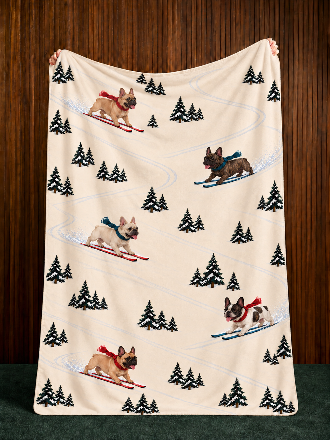 French Bulldog beige Christmas skiing fleece blanket — held view