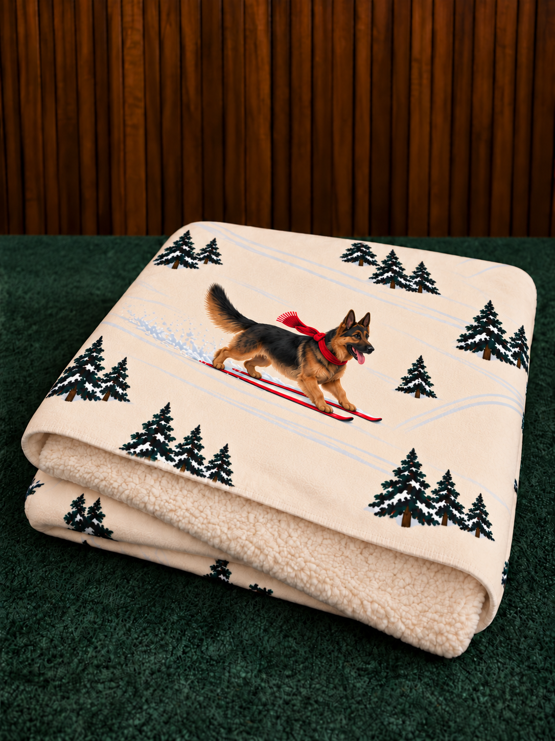 German Shepherd beige Christmas skiing fleece blanket — folded view