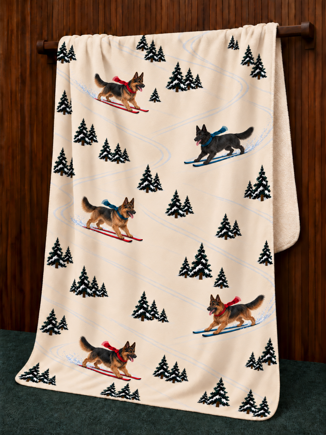German Shepherd beige Christmas skiing fleece blanket — hanging view