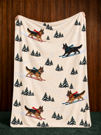 German Shepherd beige Christmas skiing fleece blanket — held view