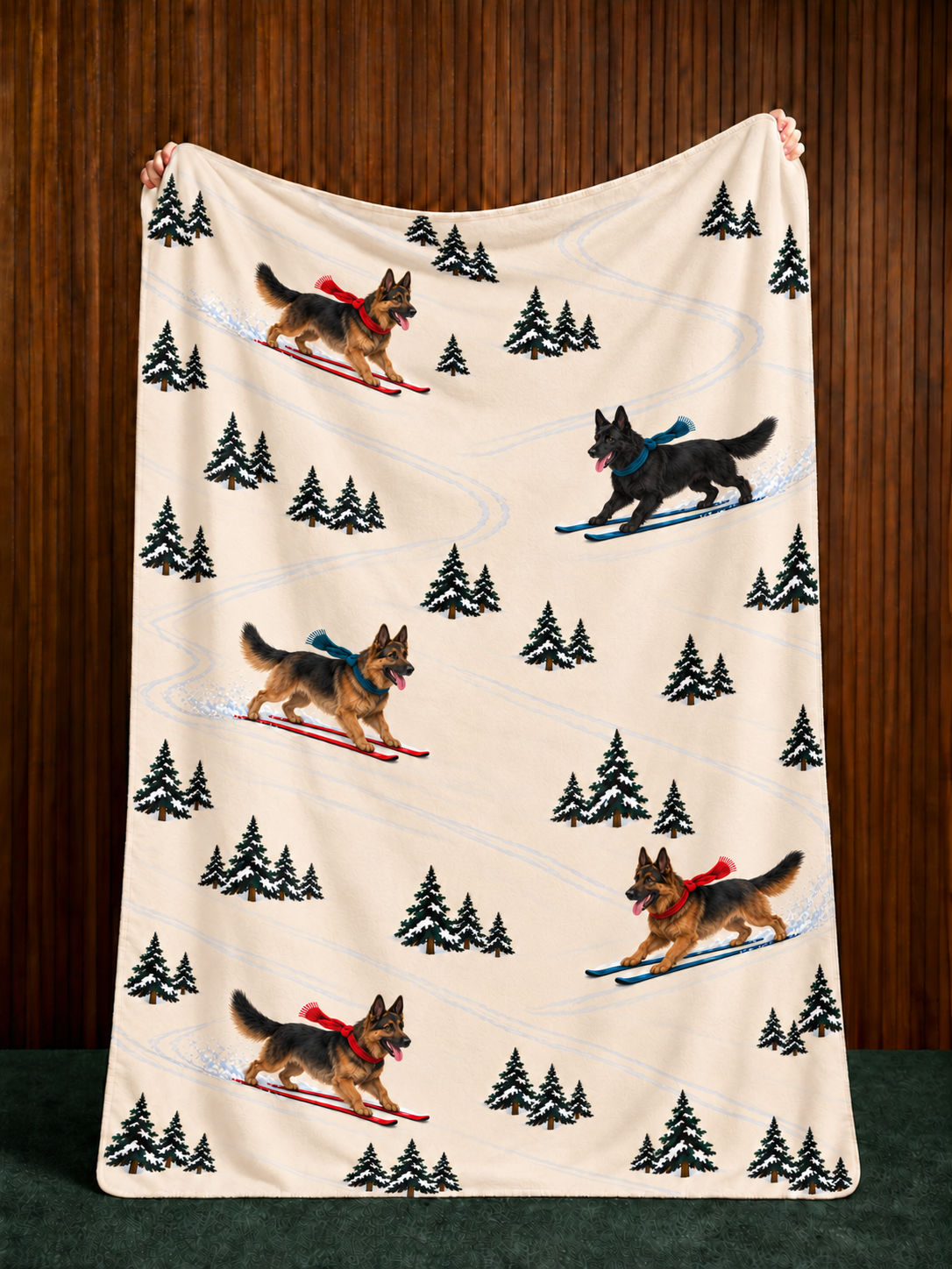 German Shepherd beige Christmas skiing fleece blanket — held view