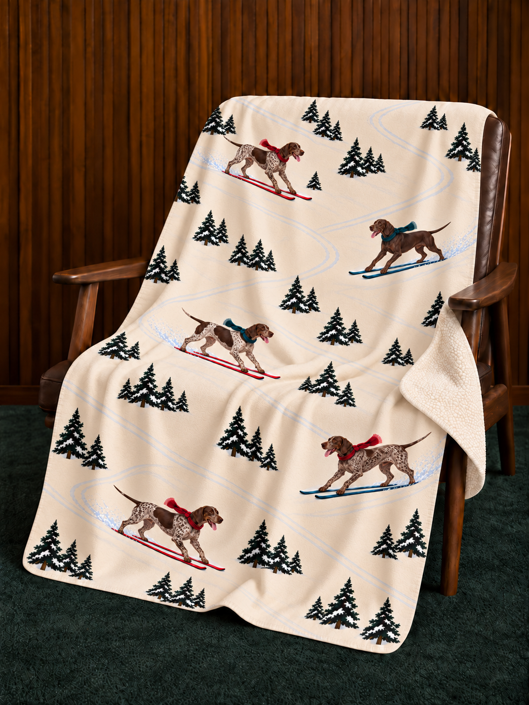 German Shorthaired Pointer beige Christmas skiing fleece blanket — chair view