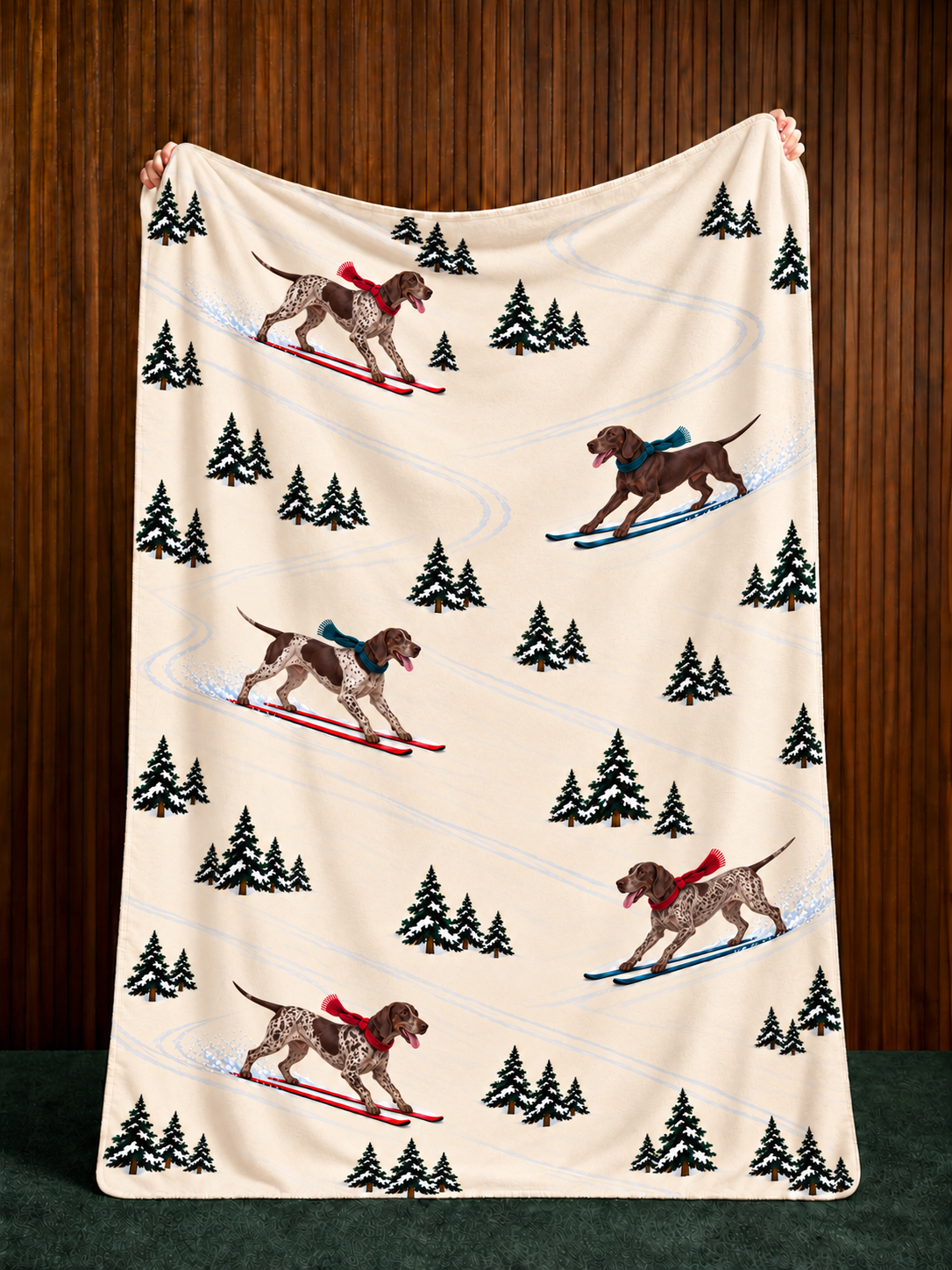 German Shorthaired Pointer beige Christmas skiing fleece blanket — held view