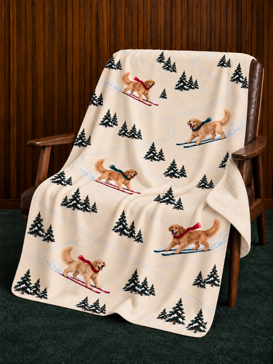 Golden Retriever beige Christmas skiing fleece blanket — chair view