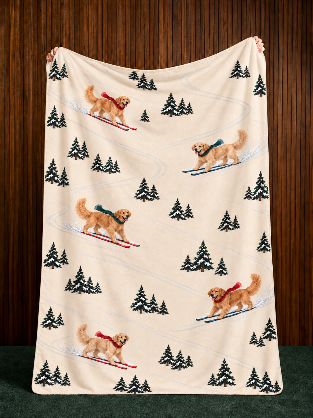 Golden Retriever beige Christmas skiing fleece blanket — held view
