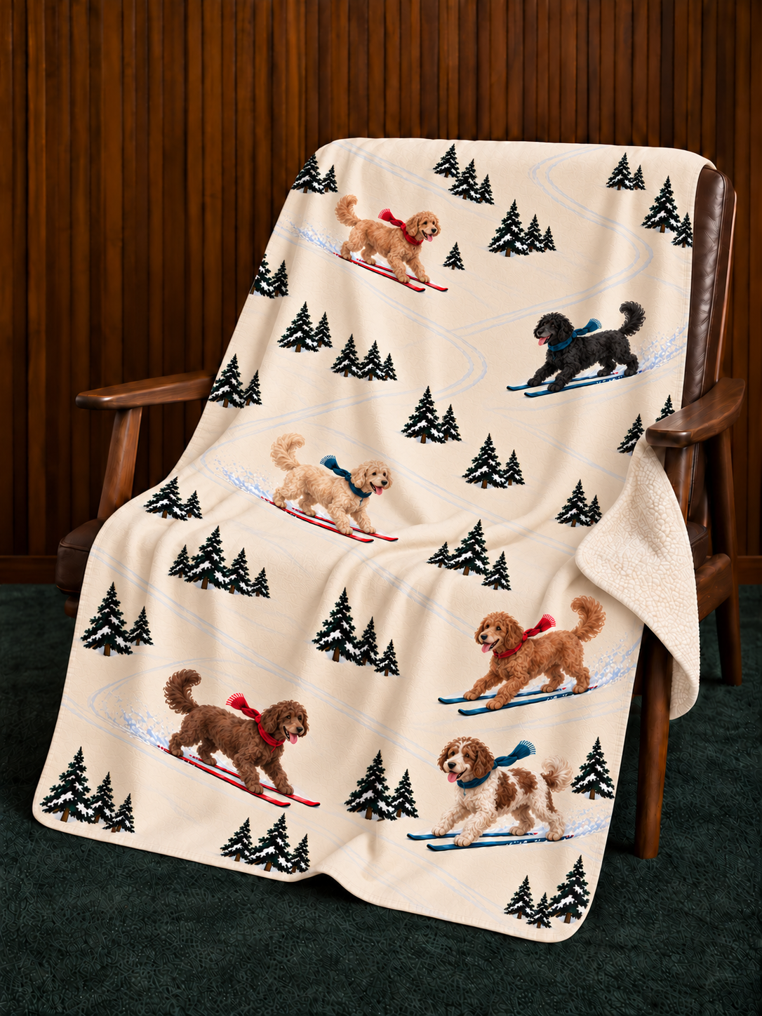 Goldendoodle beige Christmas skiing fleece blanket — chair view