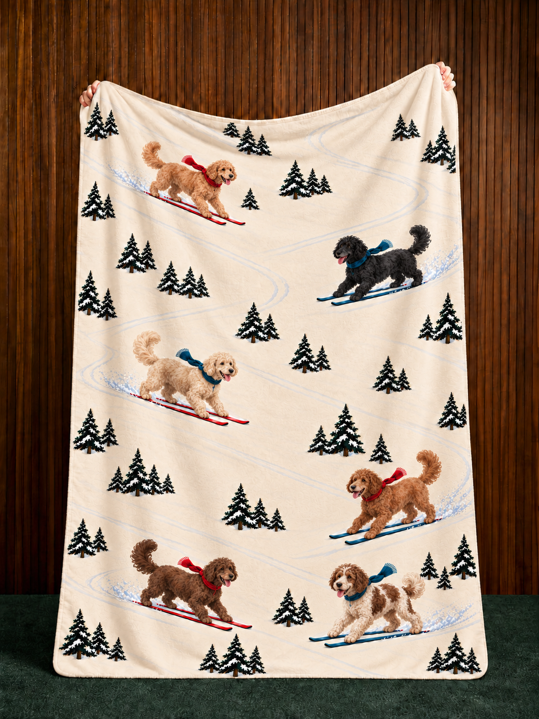 Goldendoodle beige Christmas skiing fleece blanket — held view