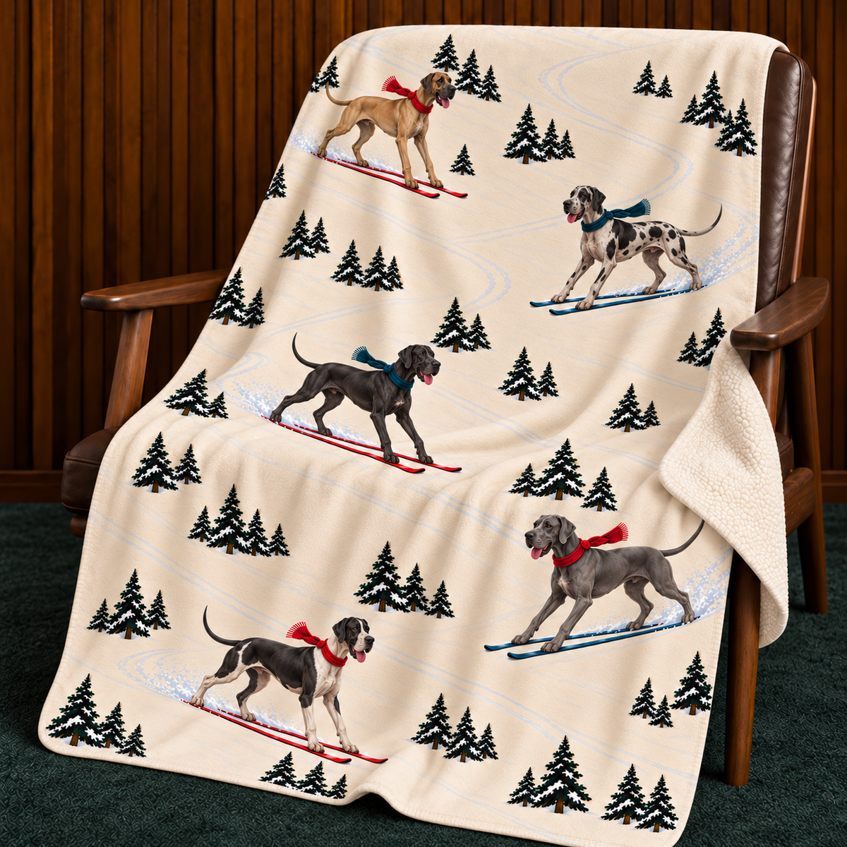 Great Dane beige Christmas skiing fleece blanket — chair view