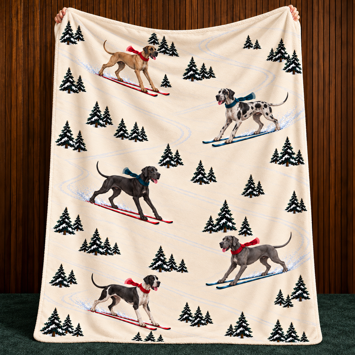 Great Dane beige Christmas skiing fleece blanket — held view