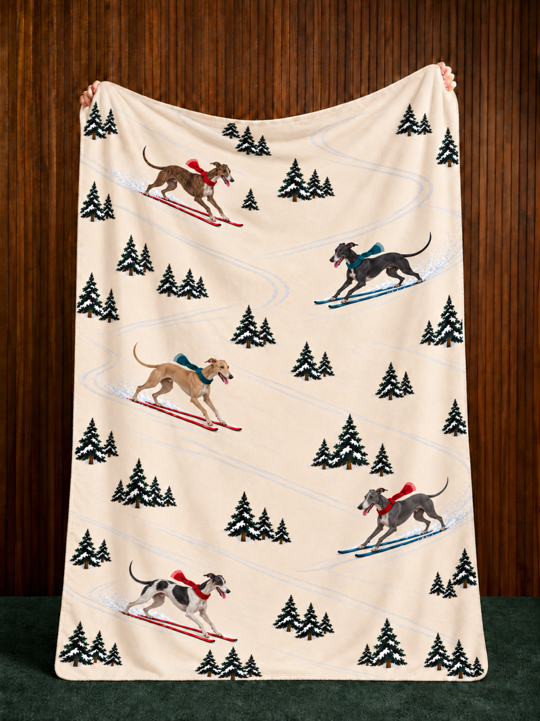 Greyhound beige Christmas skiing fleece blanket — held view