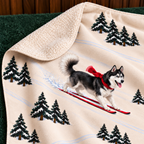 Husky beige Christmas skiing fleece blanket — detail view