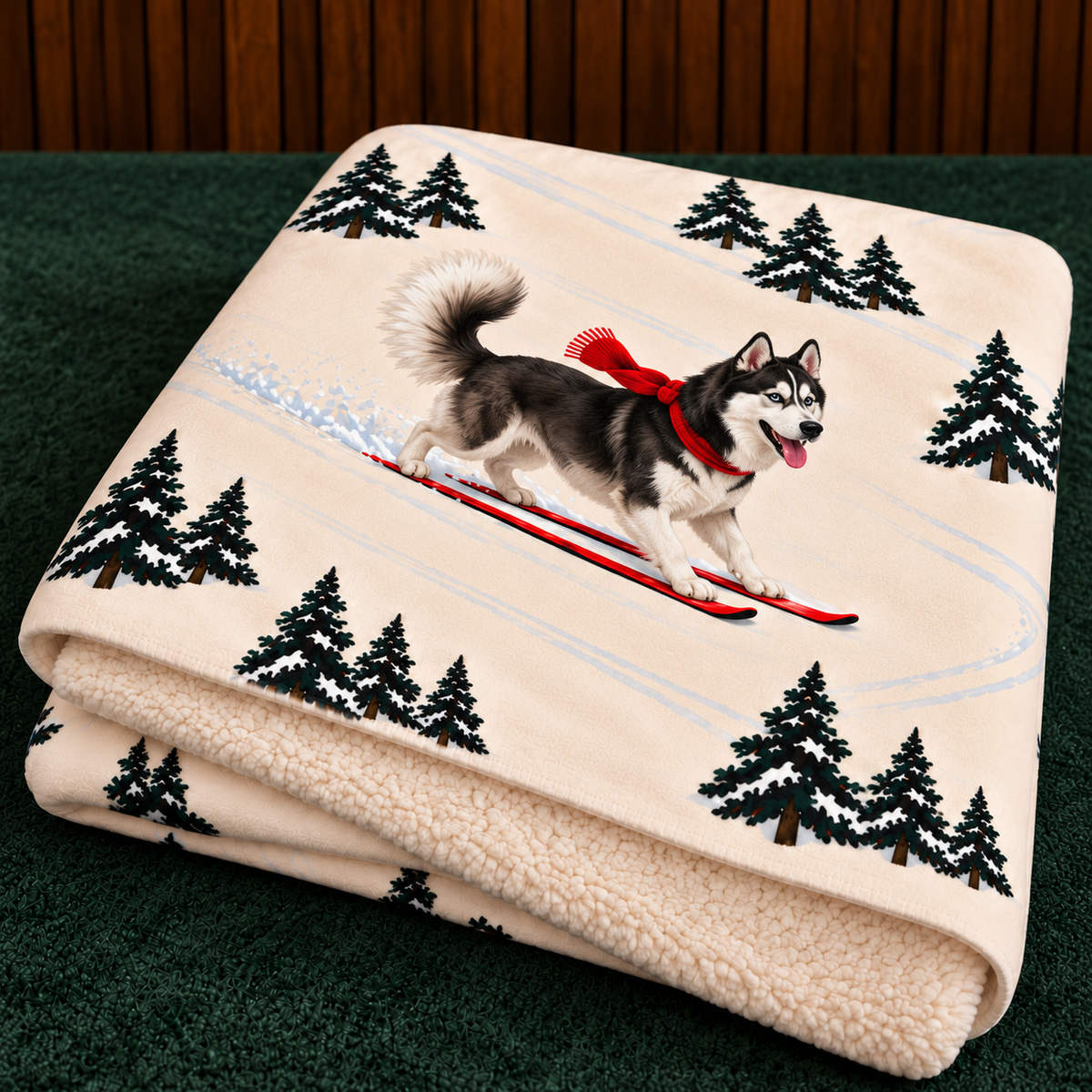 Husky beige Christmas skiing fleece blanket — folded view