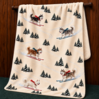 Husky beige Christmas skiing fleece blanket — hanging view