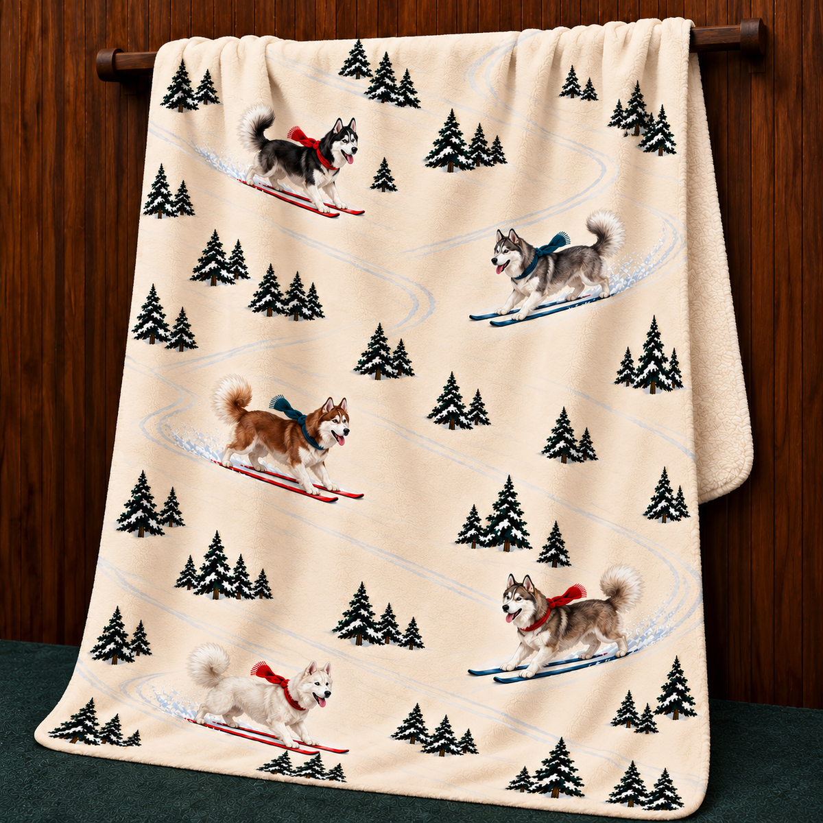 Husky beige Christmas skiing fleece blanket — hanging view