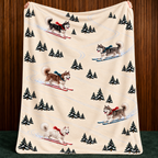 Husky beige Christmas skiing fleece blanket — held view
