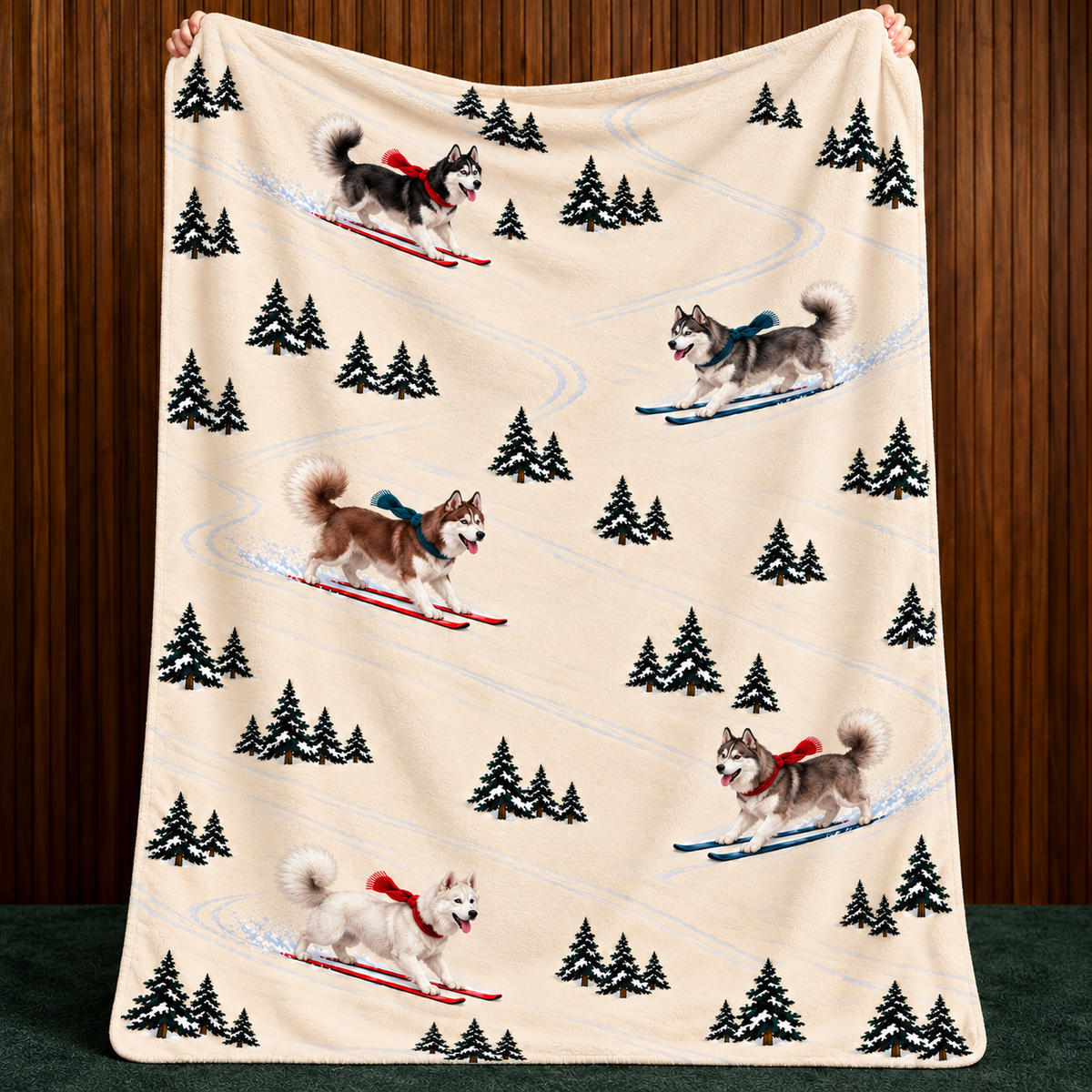 Husky beige Christmas skiing fleece blanket — held view