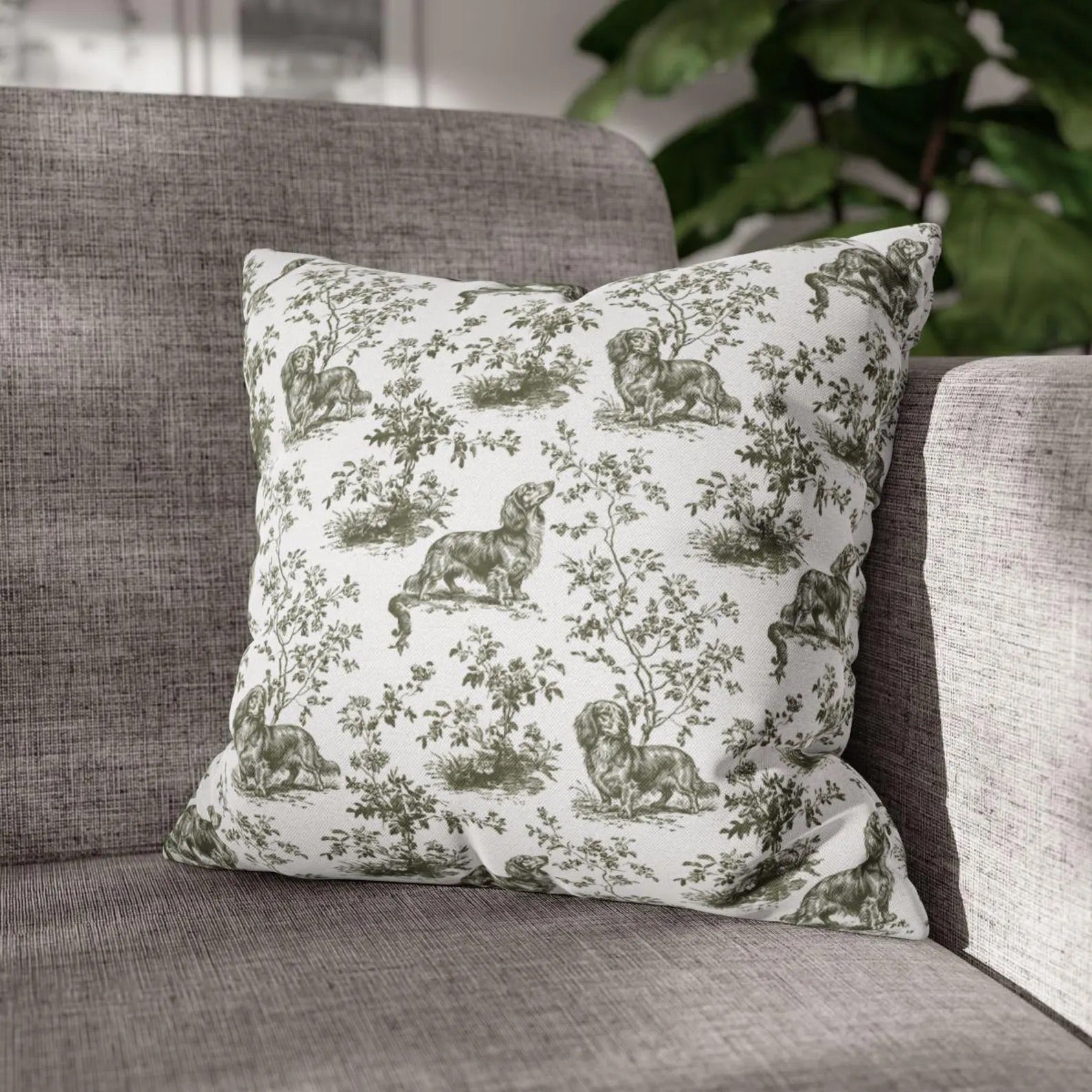 Dachshund Longhaired Sage Green French Toile Pillow