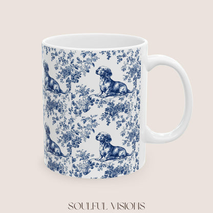 Dachshund French Blue Toile de Jouy Mug, Blue toile de jouy, dachshund ceramic mugs, Doxie Mom Mugs, Sausage Dog Lover Gifts, Dachshund mug