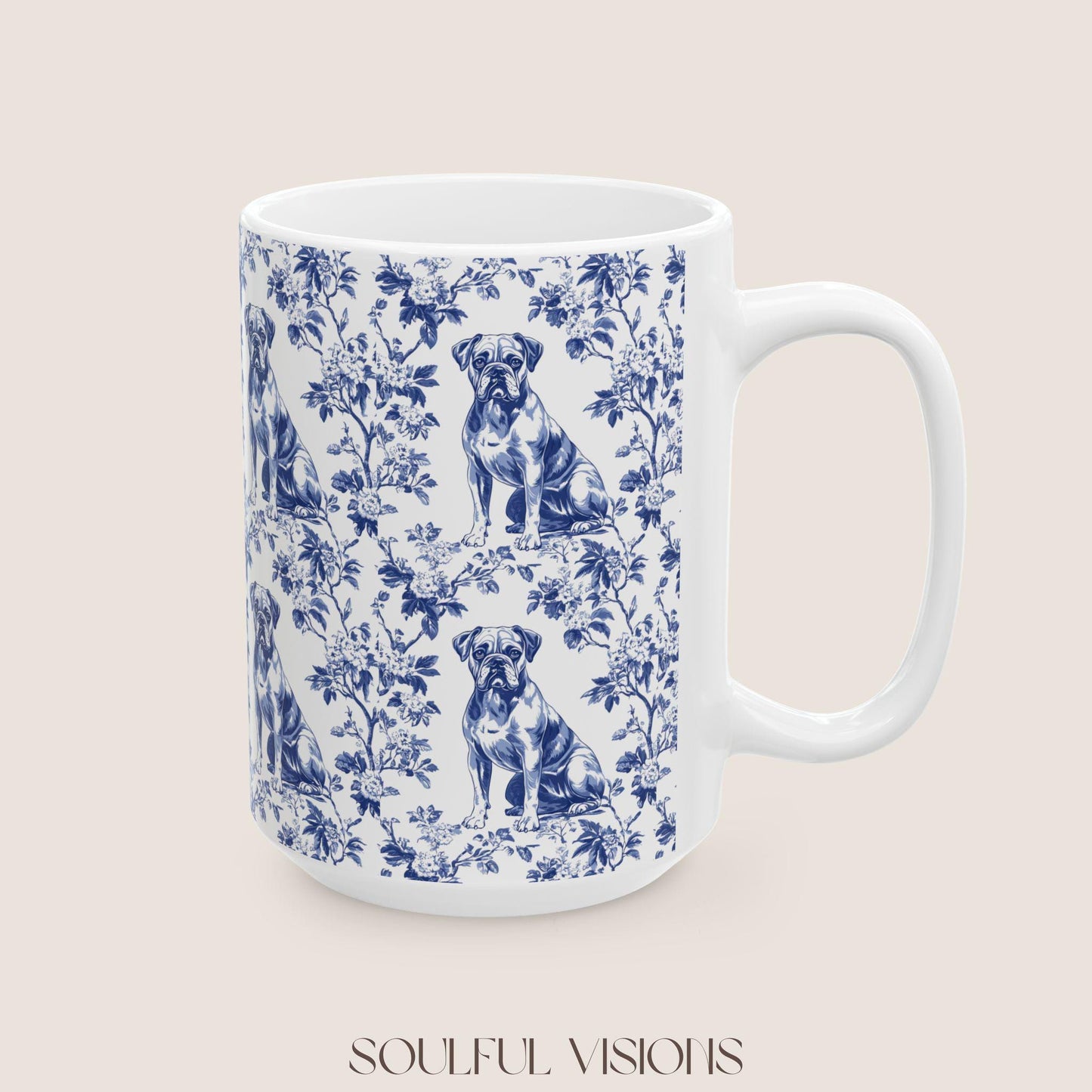 Boxer Dog French Toile De Jouy Mug, boxer dog Mug, Boxer, boxer dog gifts, boxer dog mom, boxer dog gift, Dog blue toile mug