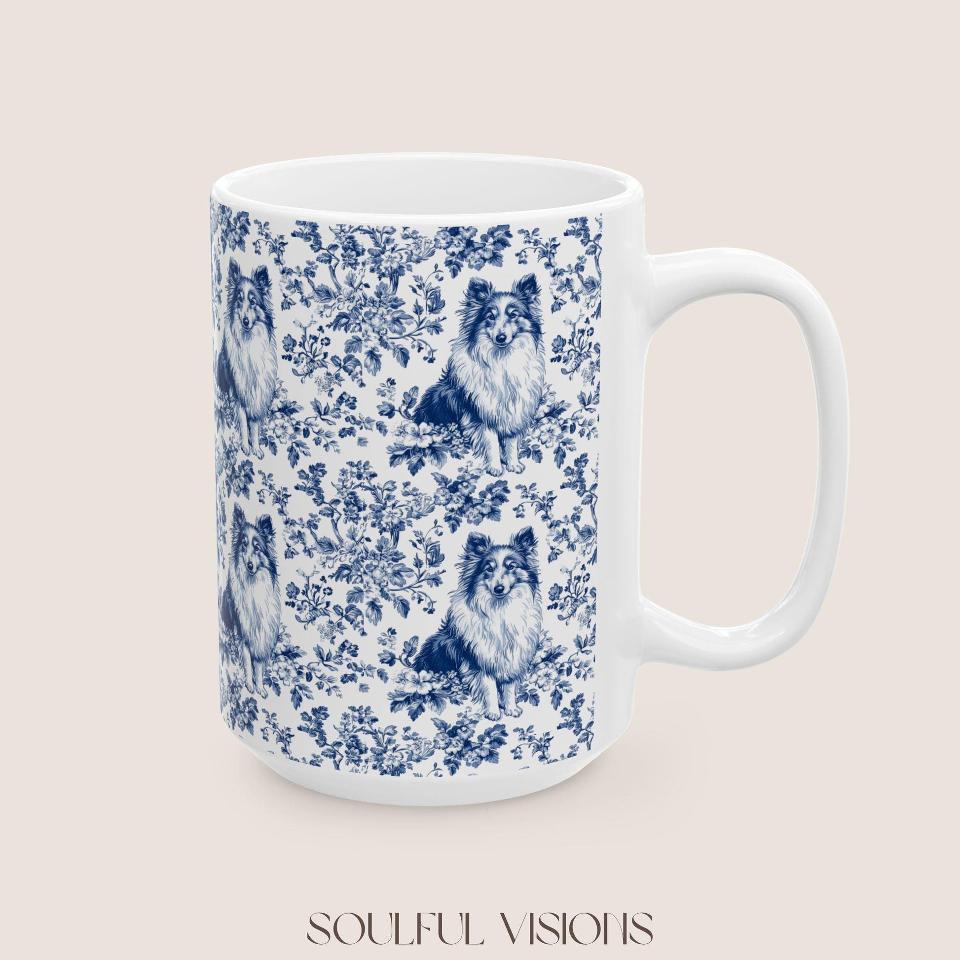 Shetland Sheepdog French Blue Toile de Jouy Mug, Shetland Sheepdog Mugs, Sheltie ceramic mug, Sheltie lover Gift, Sheltie mom Gift