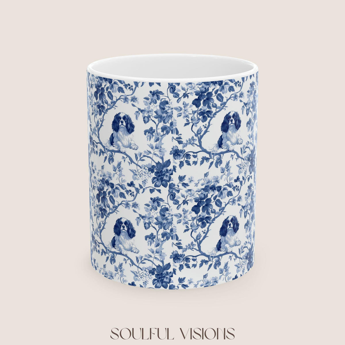 Cavalier King Charles Spaniel French Blue Toile de Jouy Mug, Blue toile de jouy Mug, Cavalier mug, Cavalier Spaniel Gift, Cavalier Spaniel
