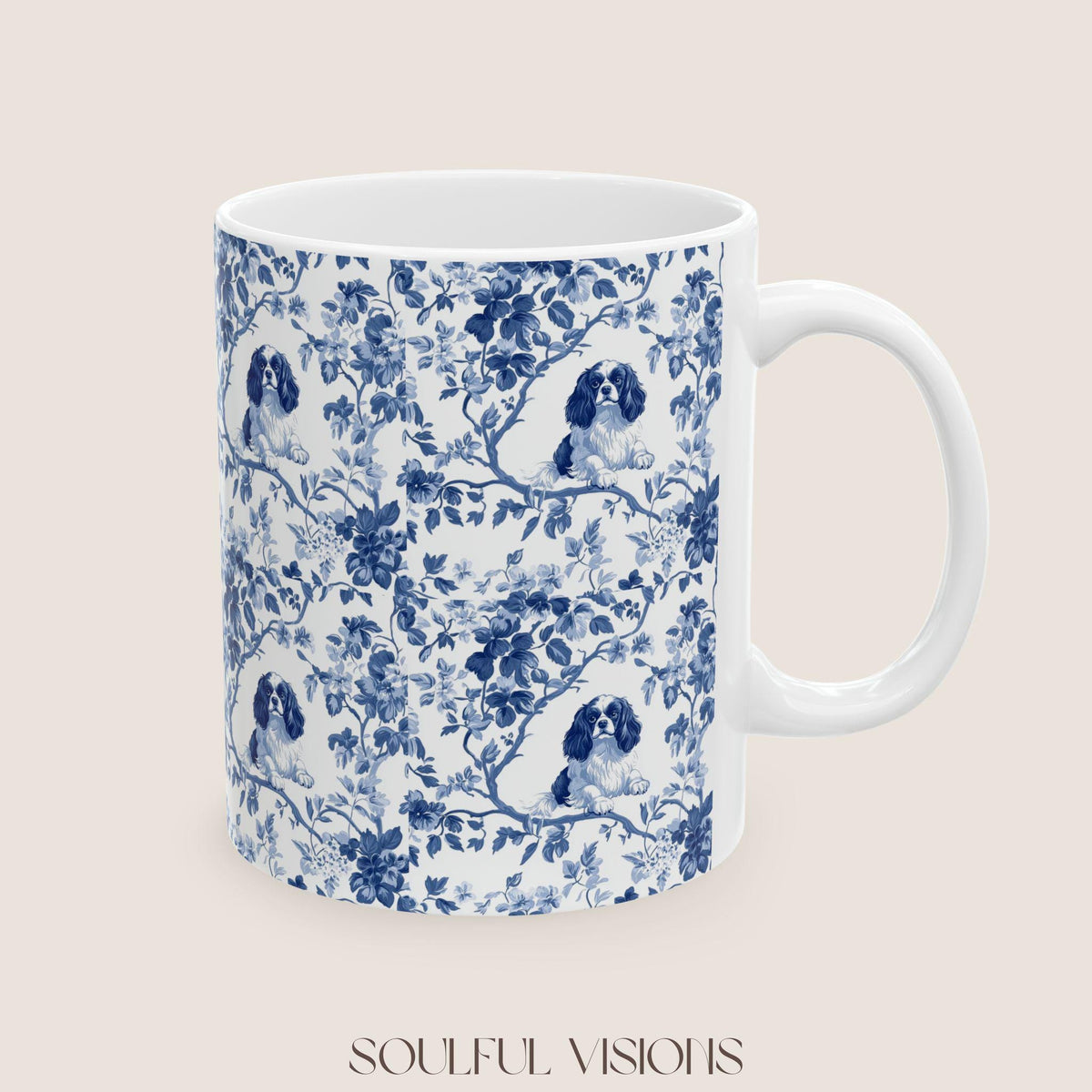 Cavalier King Charles Spaniel French Blue Toile de Jouy Mug, Blue toile de jouy Mug, Cavalier mug, Cavalier Spaniel Gift, Cavalier Spaniel