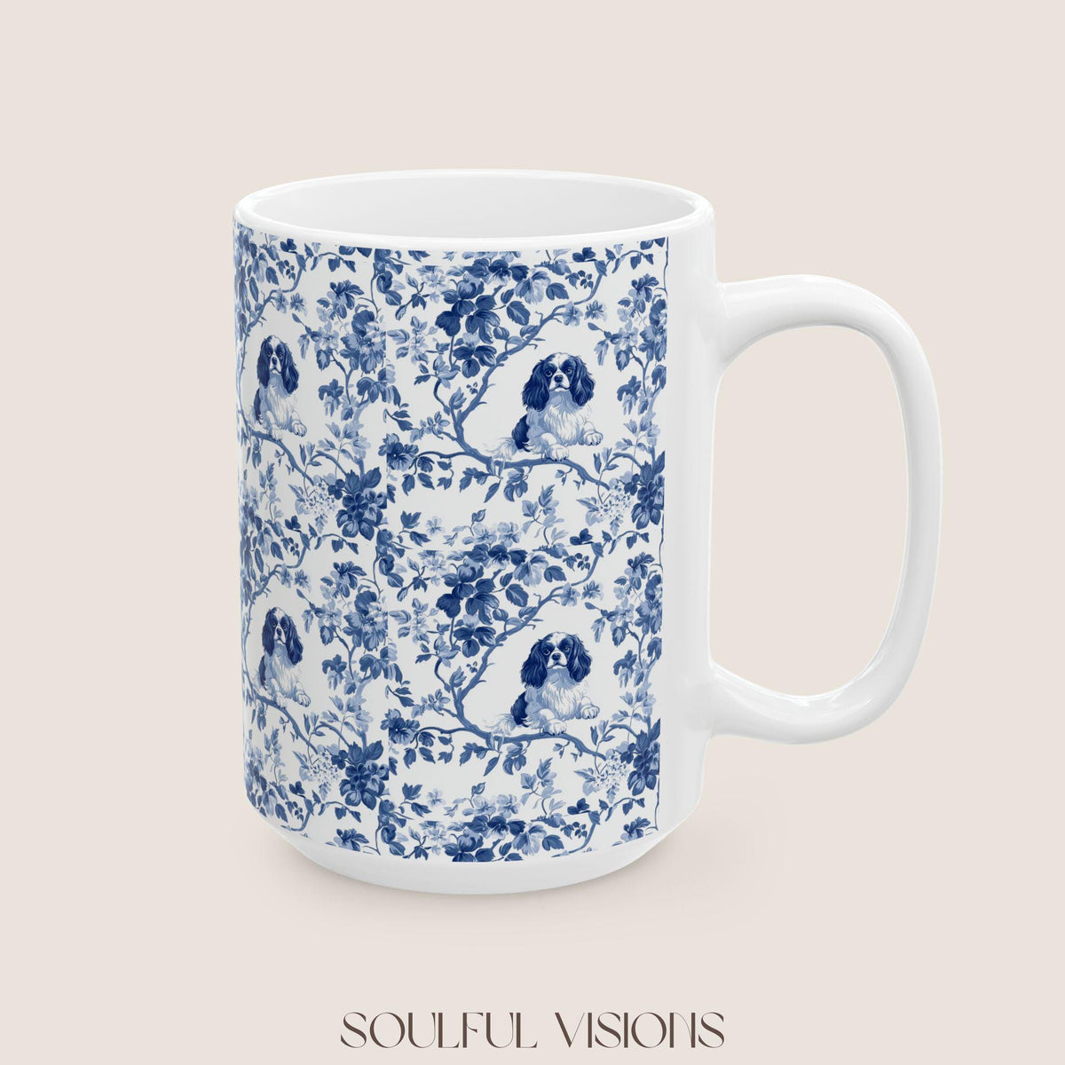 Cavalier King Charles Spaniel French Blue Toile de Jouy Mug, Blue toile de jouy Mug, Cavalier mug, Cavalier Spaniel Gift, Cavalier Spaniel