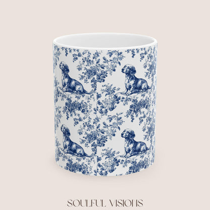 Dachshund French Blue Toile de Jouy Mug, Blue toile de jouy, dachshund ceramic mugs, Doxie Mom Mugs, Sausage Dog Lover Gifts, Dachshund mug