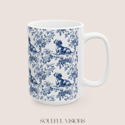 Dachshund French Blue Toile de Jouy Mug, Blue toile de jouy, dachshund ceramic mugs, Doxie Mom Mugs, Sausage Dog Lover Gifts, Dachshund mug