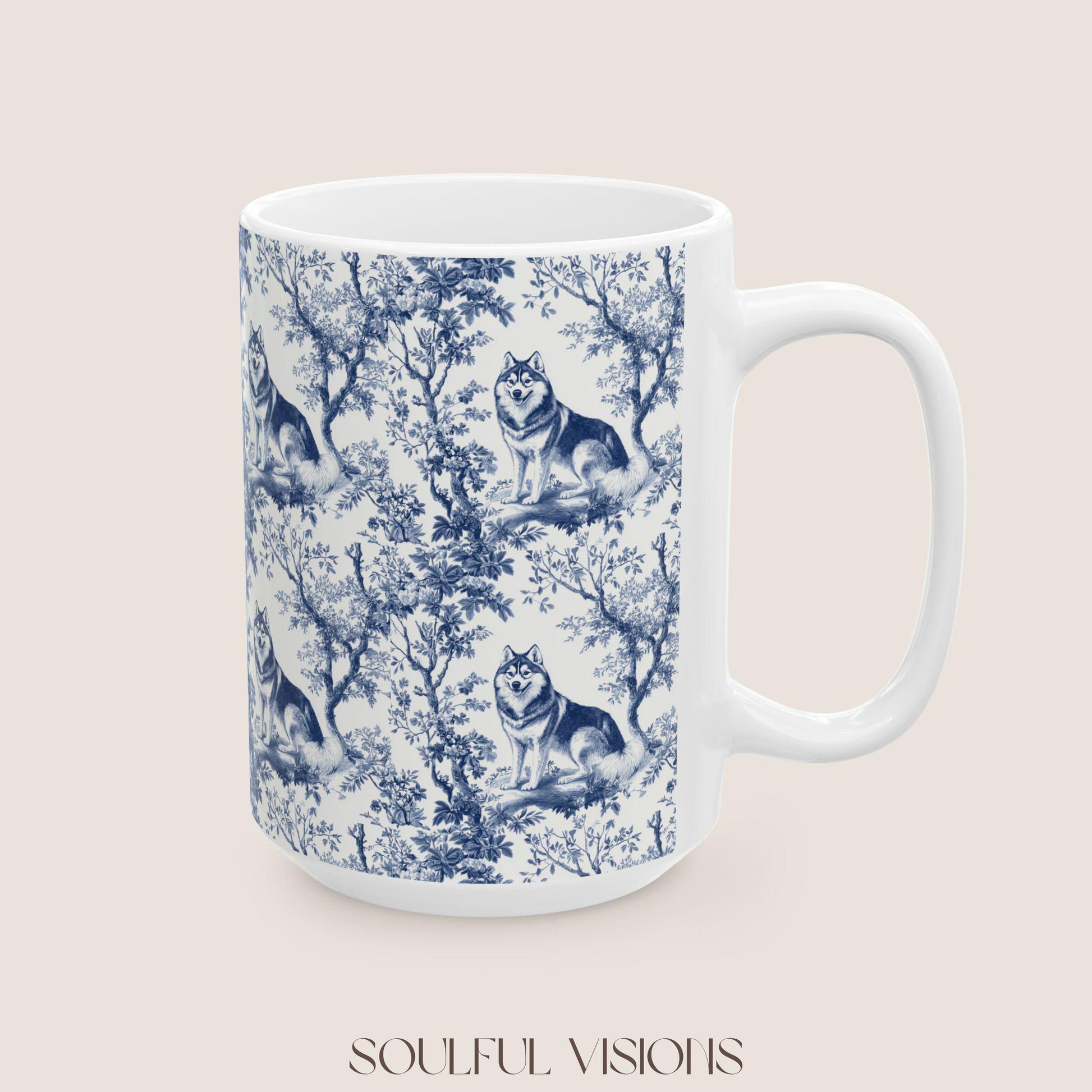 Husky French Blue Toile De Jouy Mug, Siberian Husky, Husky, Siberian Husky Mugs, Siberian Husky Lover, Husky dog mom, Husky Mug