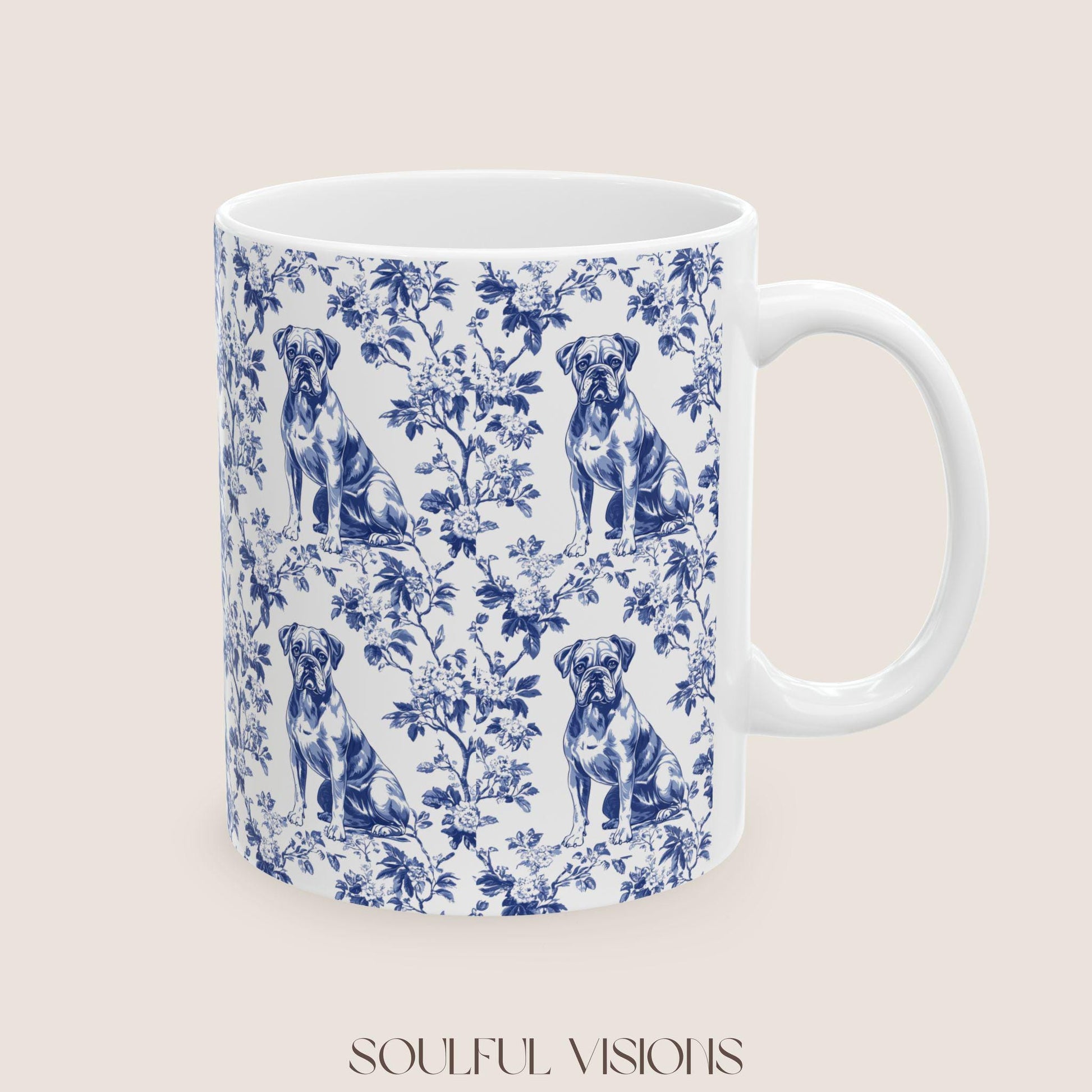 Boxer Dog French Toile De Jouy Mug, boxer dog Mug, Boxer, boxer dog gifts, boxer dog mom, boxer dog gift, Dog blue toile mug