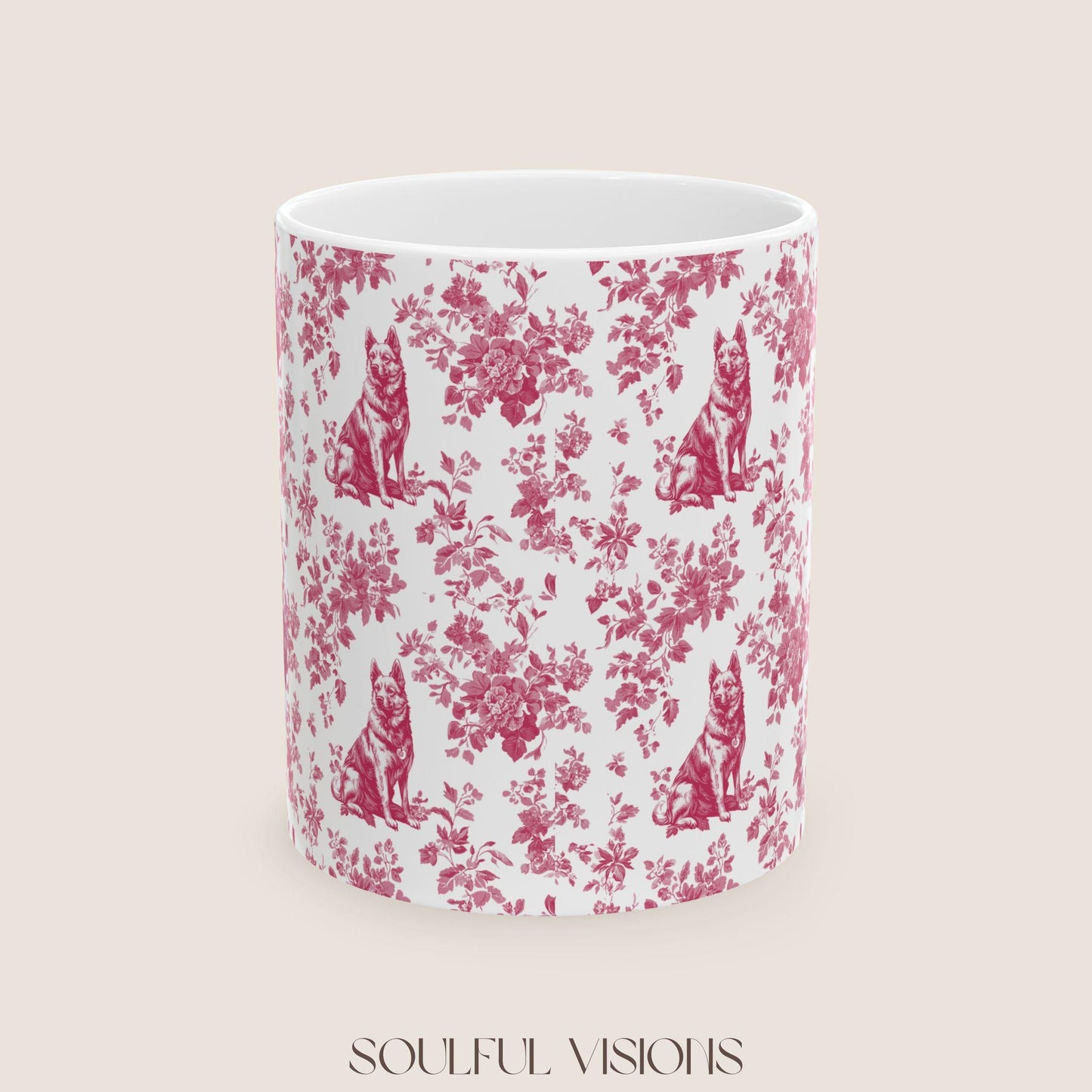 German Shepherd French Pink Toile de Jouy Mug, Toile mug, German Shepherd ceramic mug, shepherd mugs, Shepherd Lover Gifts, Dog mug