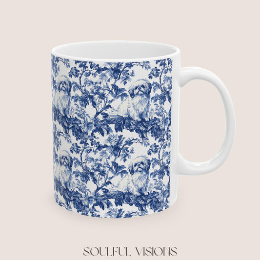 Pekingese French Blue Toile de Jouy Mug, Blue Toile Coffee Cup, Gift for Pekingese Mom, Pekingese Mugs, Pekingese Lover Gift