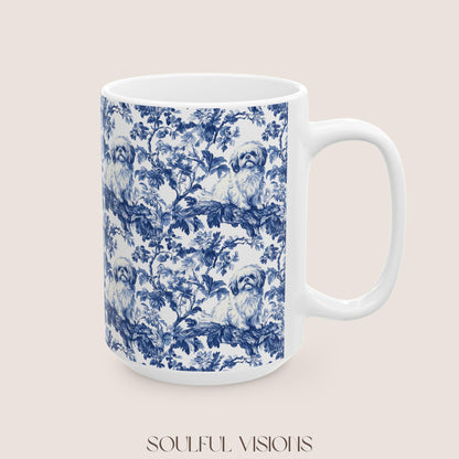 Pekingese French Blue Toile de Jouy Mug, Blue Toile Coffee Cup, Gift for Pekingese Mom, Pekingese Mugs, Pekingese Lover Gift