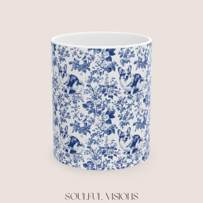 Corgi French Blue Toile de Jouy Mug, Blue Toile Coffee Cup, Gift for Corgi Mom, Corgi Welsh Pembroke GiftsD, Corgi Mugs, Corgi Lover Gift
