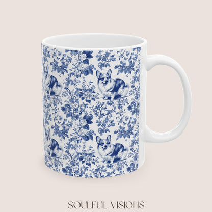 Corgi French Blue Toile de Jouy Mug, Blue Toile Coffee Cup, Gift for Corgi Mom, Corgi Welsh Pembroke GiftsD, Corgi Mugs, Corgi Lover Gift