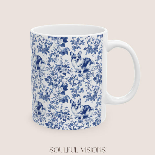 Corgi French Blue Toile de Jouy Mug, Blue Toile Coffee Cup, Gift for Corgi Mom, Corgi Welsh Pembroke GiftsD, Corgi Mugs, Corgi Lover Gift