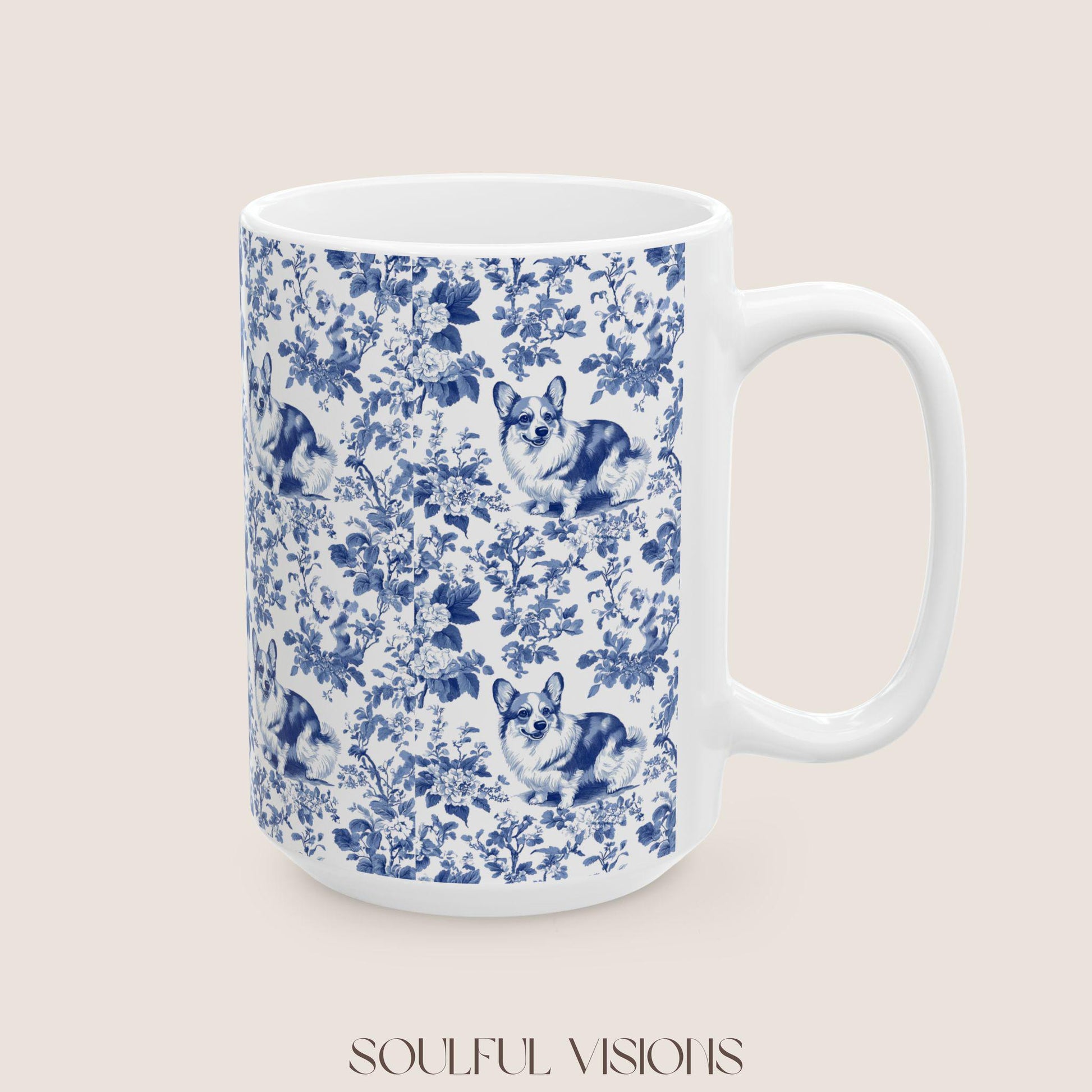 Corgi French Blue Toile de Jouy Mug, Blue Toile Coffee Cup, Gift for Corgi Mom, Corgi Welsh Pembroke GiftsD, Corgi Mugs, Corgi Lover Gift