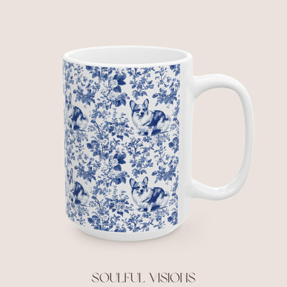 Corgi French Blue Toile de Jouy Mug, Blue Toile Coffee Cup, Gift for Corgi Mom, Corgi Welsh Pembroke GiftsD, Corgi Mugs, Corgi Lover Gift