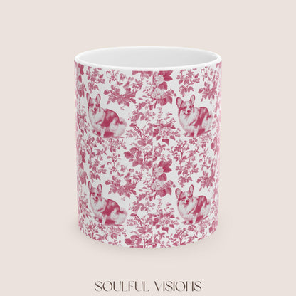 Corgi French Pink Toile de Jouy Mug, Blue Toile Coffee Cup, Gift for Corgi Mom, Corgi Welsh Pembroke GiftsD, Corgi Mugs, Corgi Lover Gift