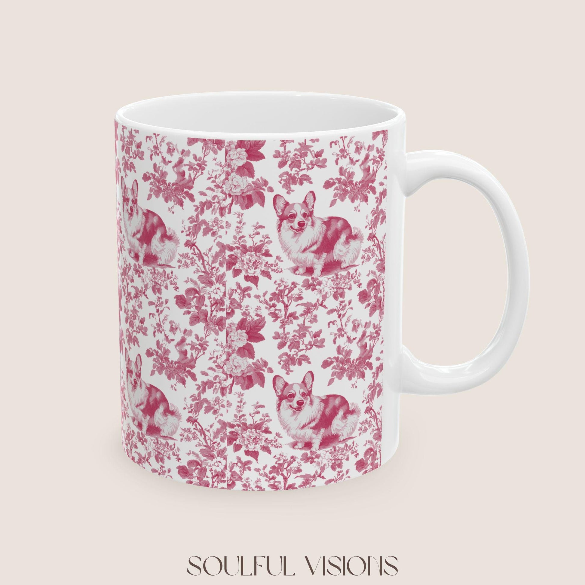 Corgi French Pink Toile de Jouy Mug, Blue Toile Coffee Cup, Gift for Corgi Mom, Corgi Welsh Pembroke GiftsD, Corgi Mugs, Corgi Lover Gift