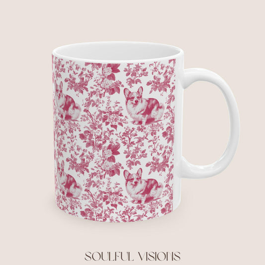 Corgi French Pink Toile de Jouy Mug, Blue Toile Coffee Cup, Gift for Corgi Mom, Corgi Welsh Pembroke GiftsD, Corgi Mugs, Corgi Lover Gift