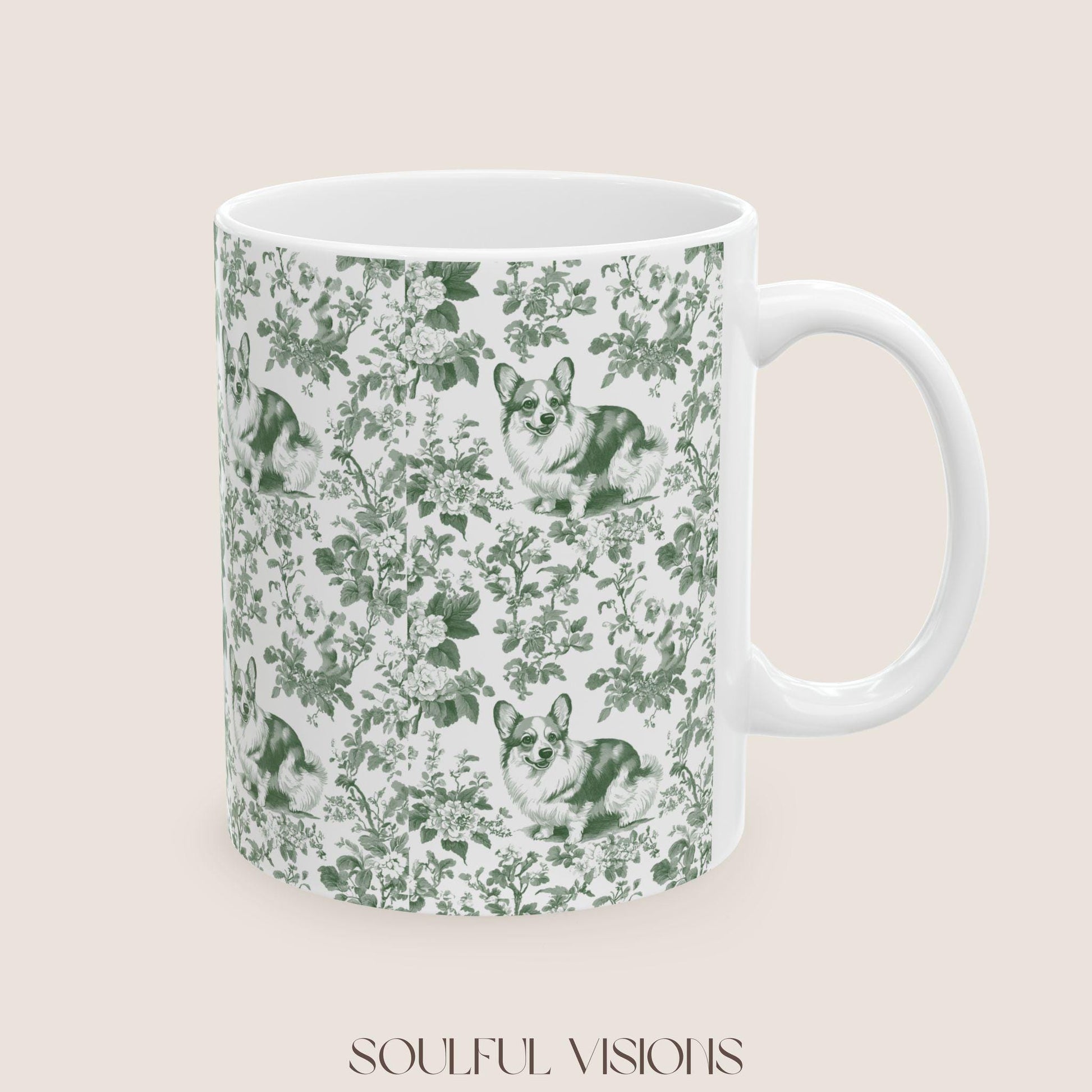 Corgi French Pastel Green Toile de Jouy Mug, Blue Toile Coffee Cup, Gift for Corgi Mom, Corgi Welsh Pembroke GiftsD, Corgi Mugs, Corgi Gift