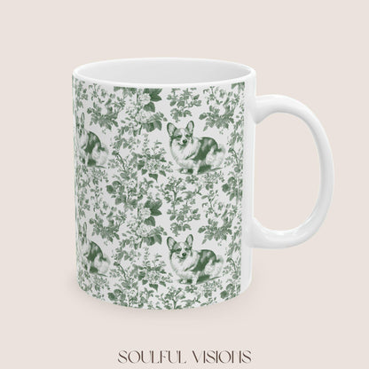 Corgi French Pastel Green Toile de Jouy Mug, Blue Toile Coffee Cup, Gift for Corgi Mom, Corgi Welsh Pembroke GiftsD, Corgi Mugs, Corgi Gift
