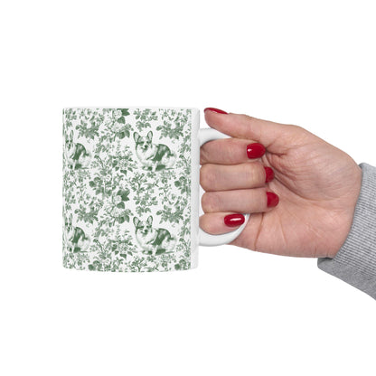 Corgi French Pastel Green Toile de Jouy Mug, Blue Toile Coffee Cup, Gift for Corgi Mom, Corgi Welsh Pembroke GiftsD, Corgi Mugs, Corgi Gift