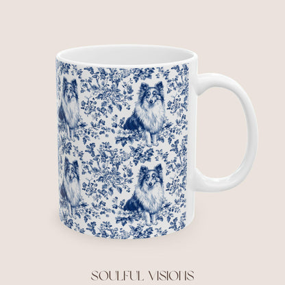 Shetland Sheepdog French Blue Toile de Jouy Mug, Shetland Sheepdog Mugs, Sheltie ceramic mug, Sheltie lover Gift, Sheltie mom Gift