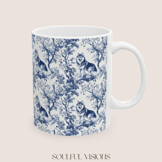 Husky French Blue Toile De Jouy Mug, Siberian Husky, Husky, Siberian Husky Mugs, Siberian Husky Lover, Husky dog mom, Husky Mug
