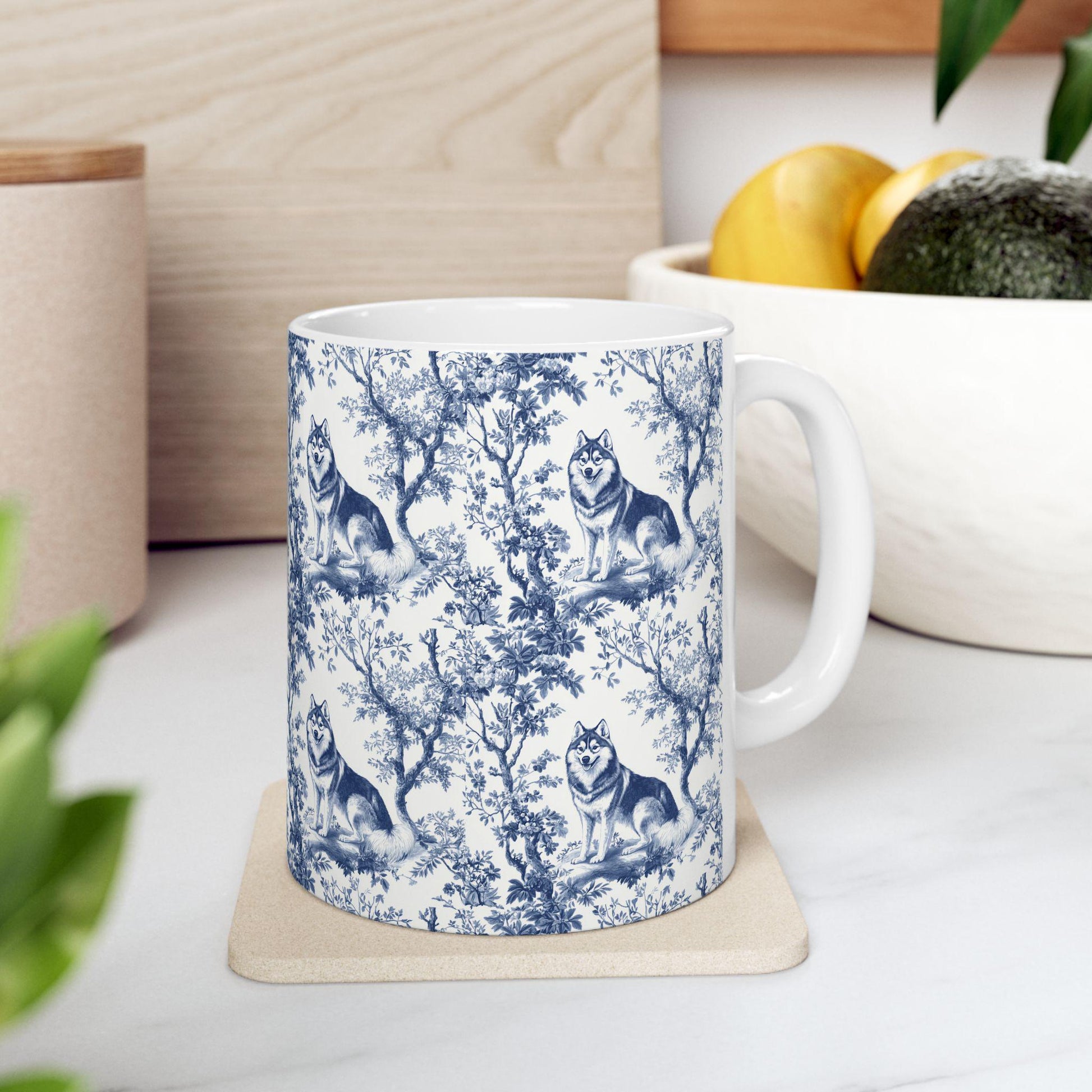 Husky French Blue Toile De Jouy Mug, Siberian Husky, Husky, Siberian Husky Mugs, Siberian Husky Lover, Husky dog mom, Husky Mug