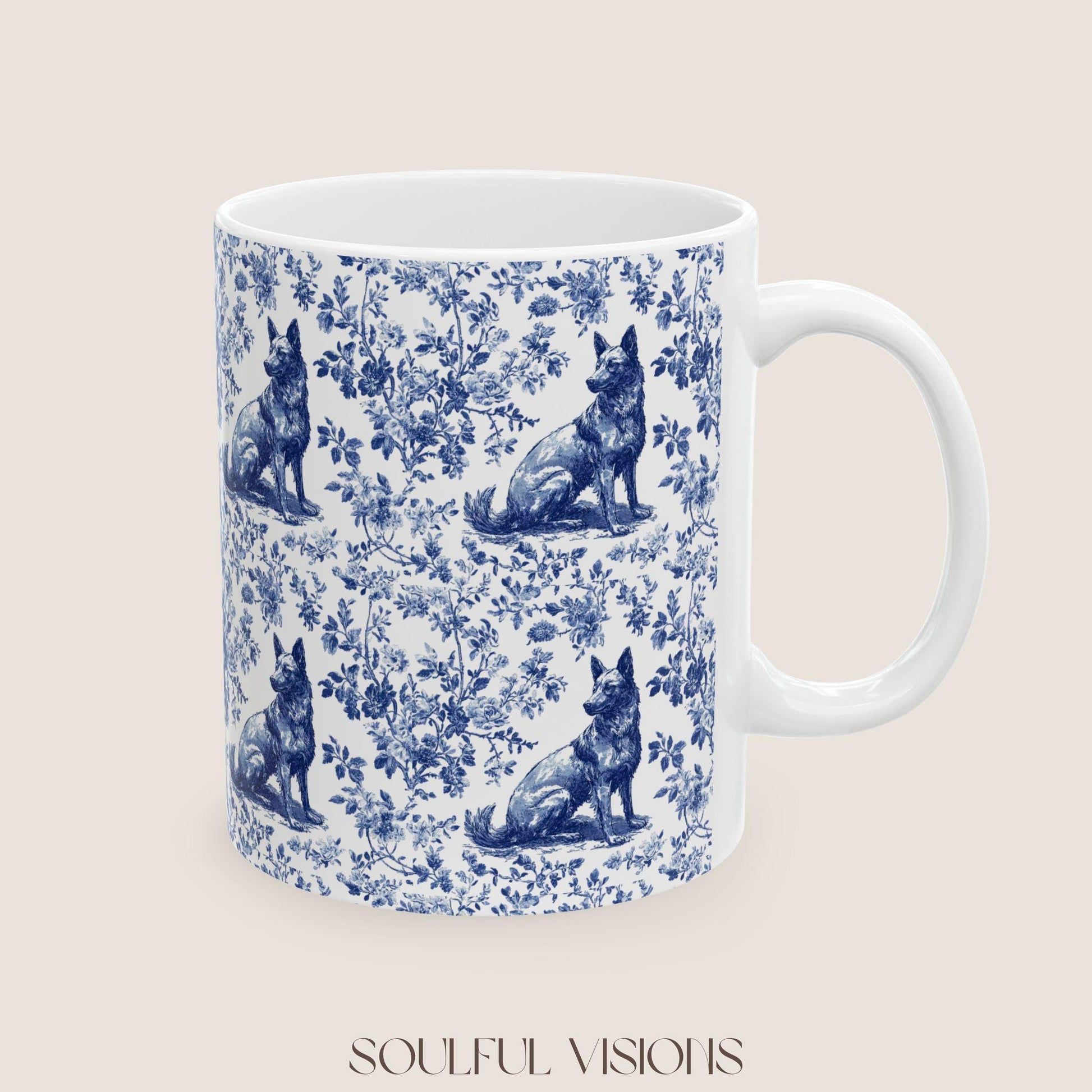 Belgian Malinois French Toile De Jouy Mug, Belgian Malinois Mug, Belgian Malinois gift, Belgian Malinois Lover Gift, Malinois Ceramic Mug